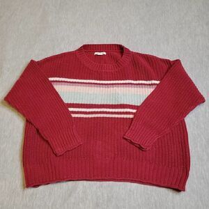 American Eagle Sweater Womens XS Maroon Cropped Striped Chunky Knit Pullover